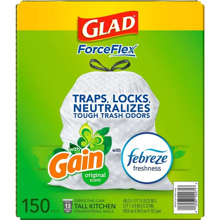 Glad ForceFlex Tall Kitchen Drawstring White Trash Bags, Gain Original  Scent with Febreze Freshness (13 gal., 150 ct.) 