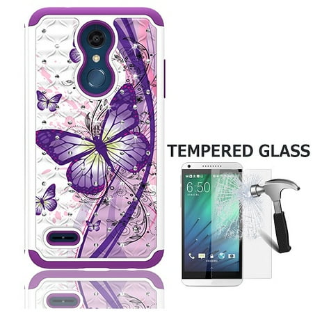 Smartphone Case - LG Phoenix Plus (AT&T), LG K30(T-Mobile), LG Harmony 2 (Cricket), Dual Layer Crystal Cover Case for LG Premier Pro 4G LTE Prepaid Smartphone + Tempered Glass Screen Protector (White-purple butterfly)