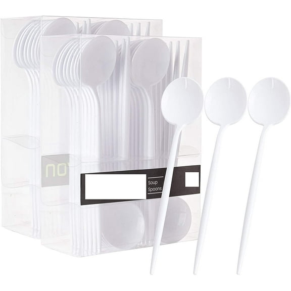 FREEAMG Novelty Modern Flatware, Cutlery, Disposable Plastic Soup Spoons Luxury White 64 Count