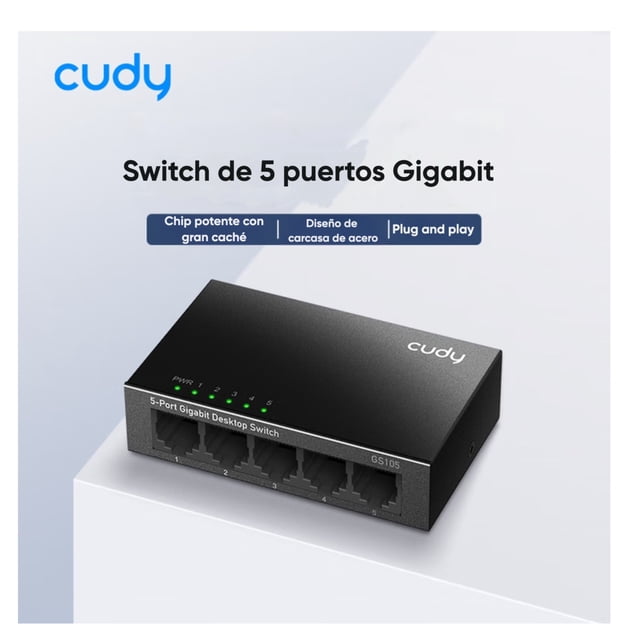 Switch Gigabit De 5 Puertos 10/100/1000 Mbps Cudy Gs105d, Plug & Play, Transmisión Ethernet Hasta 140 M, Red Cableada Estable Para Pc, Consolas, Smart Tv Y Cámaras Ip