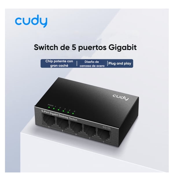 Switch Gigabit De 5 Puertos 10/100/1000 Mbps Cudy Gs105d, Plug & Play, Transmisión Ethernet Hasta 140 M, Red Cableada Estable Para Pc, Consolas, Smart Tv Y Cámaras Ip
