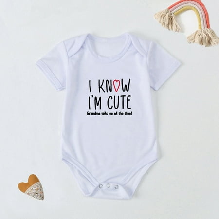 

QISIWOLE I Know I m Cute Toddler Kids Baby Boys Girls Fashion Cute Solid Color Letter Print Short Sleeve One-piece Romper Jumpsuit Deals