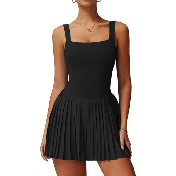 PISONIC Womens Tennis Golf Dress with Built-in Bra Shorts Backless Square Neck Pleated Hem Athletic Dresses with Pockets