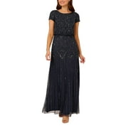 Adrianna Papell Boat Neck Short Sleeve Blouson Zipper Back Embellished Mesh Dress-NAVY / 16