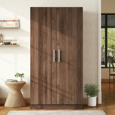 Tcbosik Wardrobe Armoire Closet with 2 Doors, 67"H Wood Storage Cabinet with Shelves and Hanging Rod, Bedroom Clothes Organizer, Brown