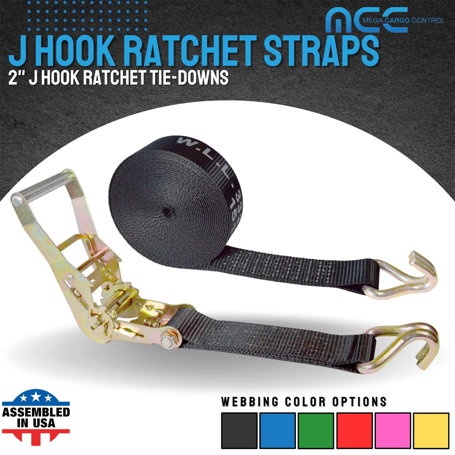 Mega Cargo Control USA Heavy Duty 2" x 60' Ratchet Strap J Hook Flatbed Truck Farm Tie Down 4 Pack