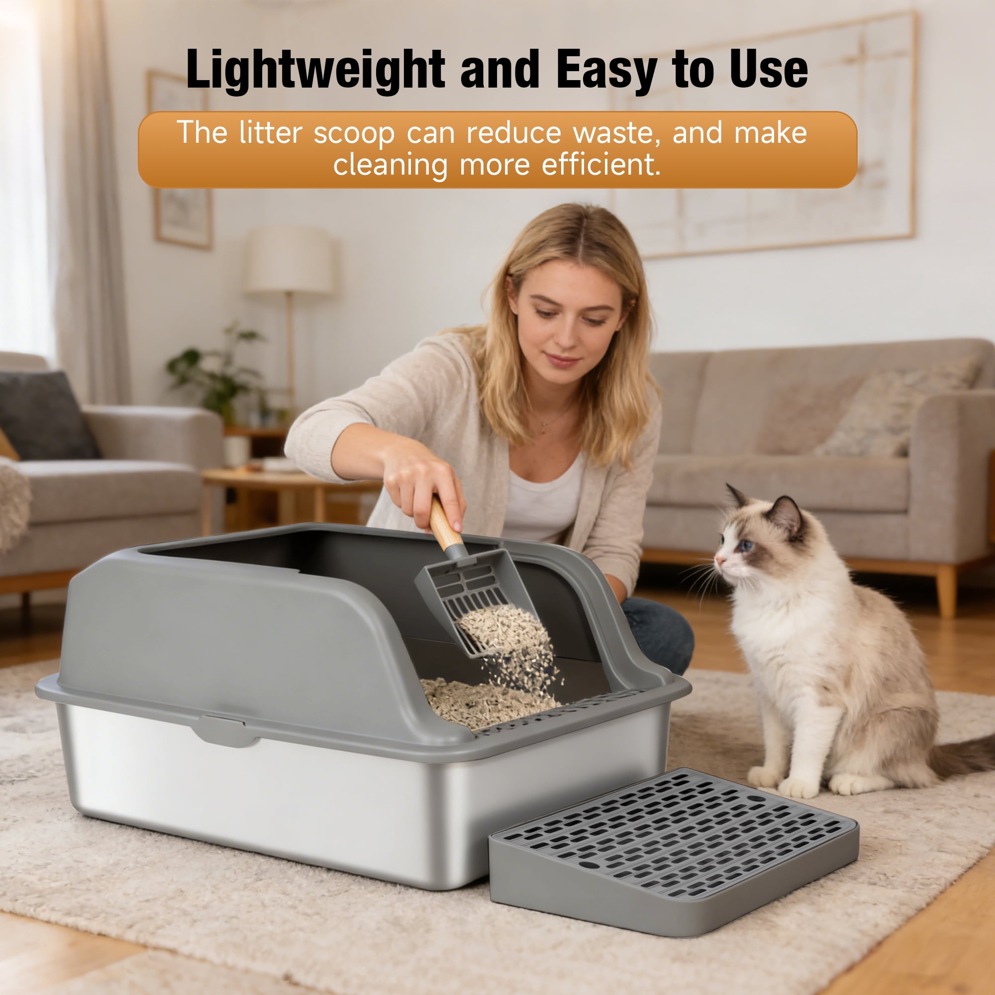 Extra Large Stainless Steel Cat Litter Box with Lid,24 x 16 x 15.74-in,High Sided Metal Cat Litter Box for Large Cats & Multiple Cats,with Scoop and Footboard, Gray