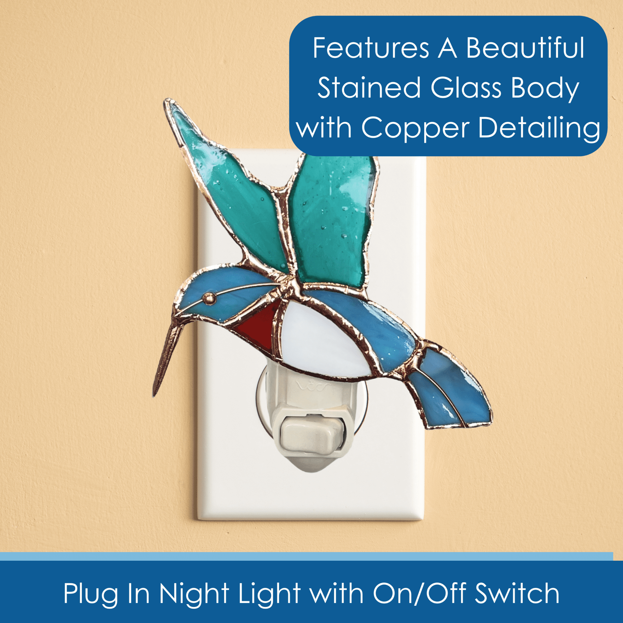 Gift Essentials Hummingbird Night Light Stained Glass Nightlight Blue Incandescent Light Bulb