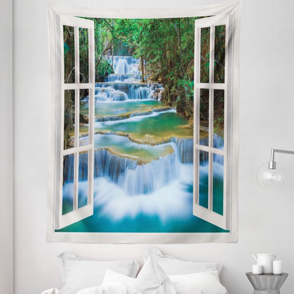 Landscape Tapestry, Open Window to River Flowing down Inside a Forest with Spring Season Trees, Fabric Wall Hanging Decor for Bedroom Living Room Dorm, 5 Sizes, Multicolor, by Ambesonne