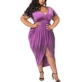 thumbnail image 2 of Brimisal Women's Night Dress Plus Size Sexy V Neck Short Sleeve Solid Ruched Bodycon Party Cocktail Midi Dress, 2 of 5