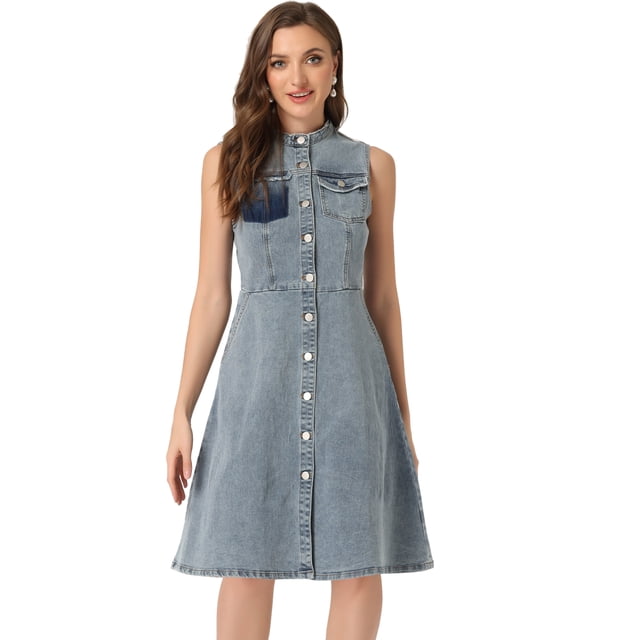 Vestido de mezclilla para mujer Vestido midi de jean desgastado sin mangas Azul Polvoriento S