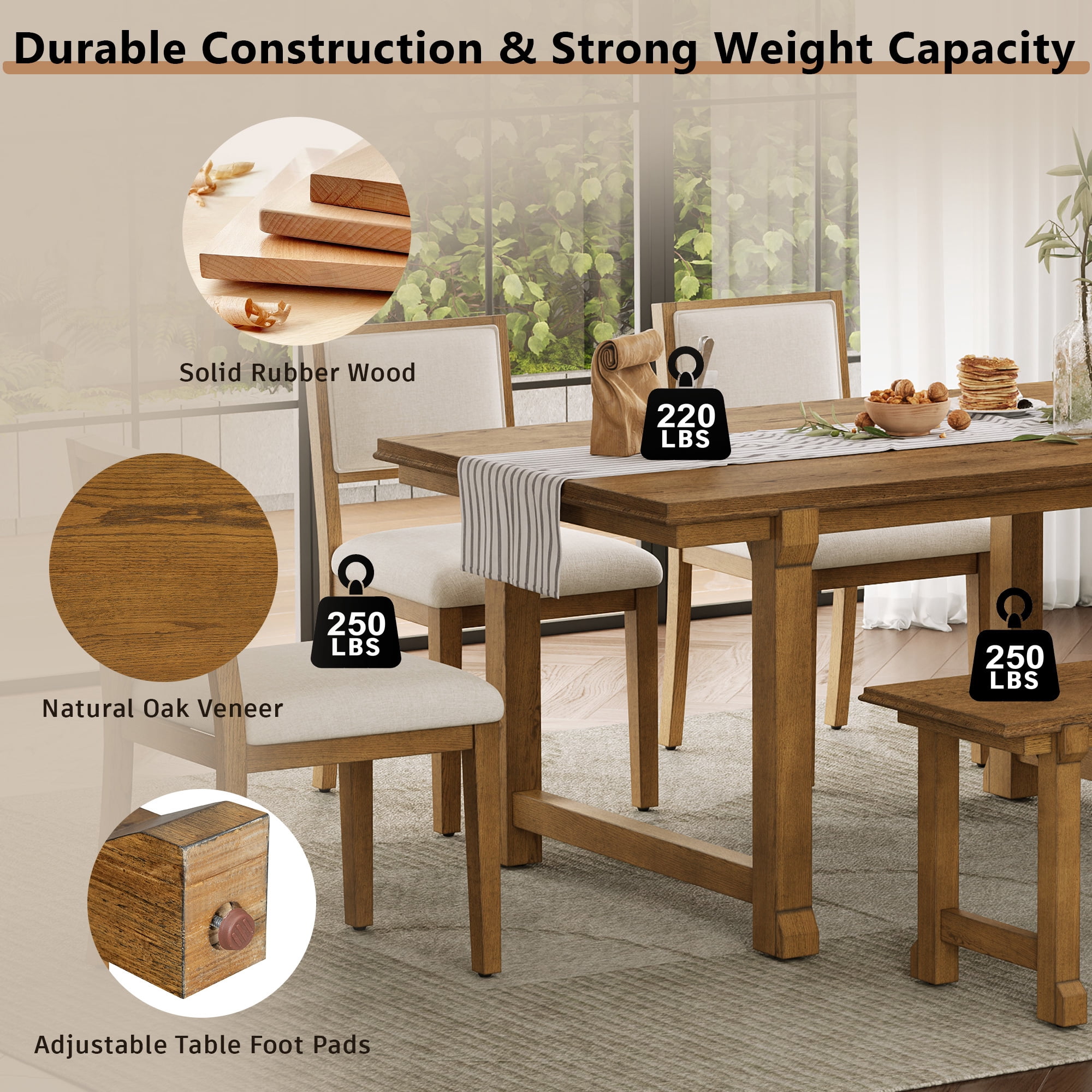 Euroco 6-Piece Farmhouse Dining Table Set for 6, 59.8" Space Saving Kitchen Table & Chairs Set with Wood Frame,Ideal for Kitchen & Dining Room, Restaurant,Walnut