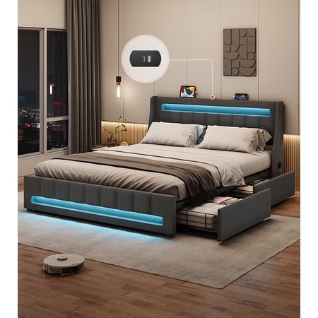 ADORNEVE Queen Size Upholstered Platform Bed Frame with 4 Storage Drawers, LED Bed with Charging Station, No Box Spring Needed, Dark Grey