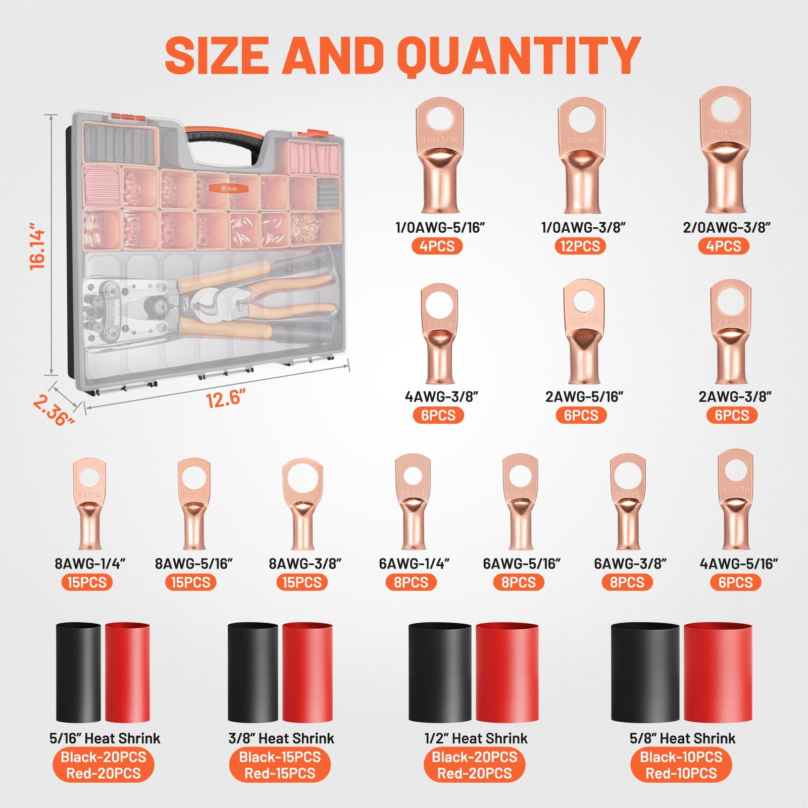 Filluck 245PCS Battery Cable Crimping Tool Kit, Copper Wire Lug AWG 1 2 4 6 8 1/0 Gauge, Wire Crimper for AWG 10-1/0 with Cable Cutter, Battery Terminal Connectors with 3:1 Heat Shrink Tubing