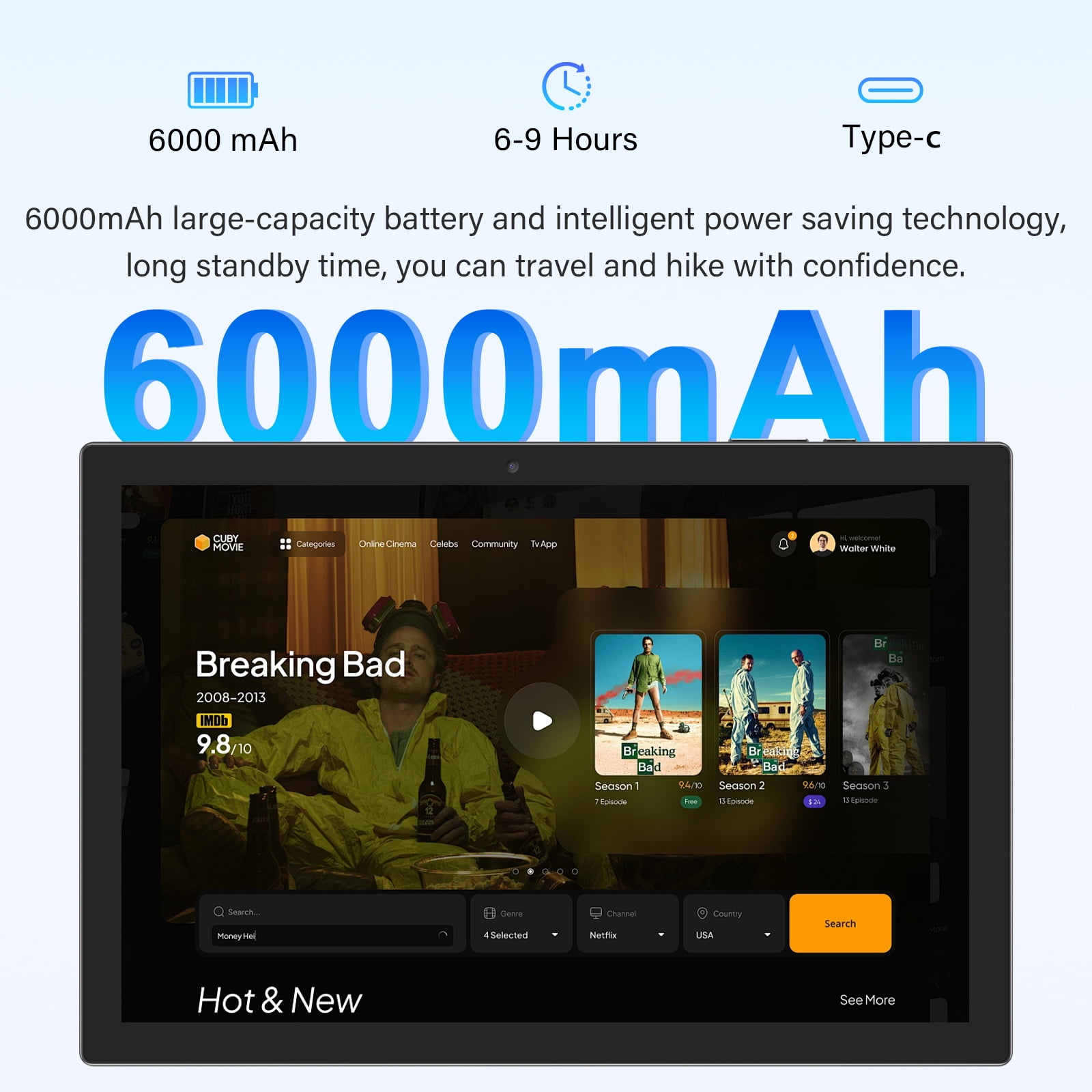 Newest Android 14 Tablet 10 inch, 8GB RAM 64GB ROM & 1TB Expandable Tablets, Quad-core 1.8Ghz Processer, 1280x800 IPS HD Touch Screen Tablet PC, 2.4G/5G Wifi6 BT 5.0, 8MP Dual Camera, 6000mAh Battery