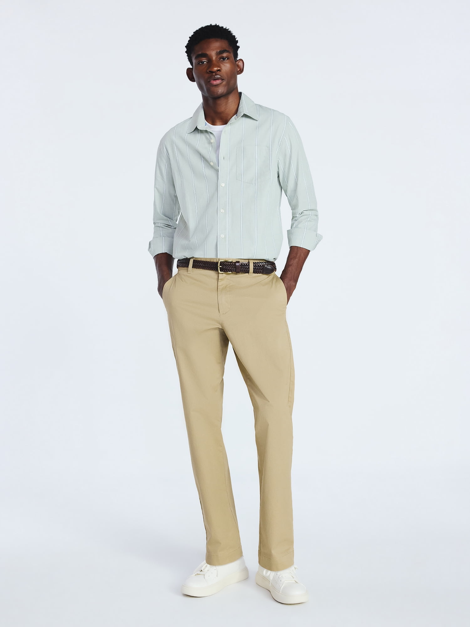 Free Assembly Men's Cotton Poplin Button Front Shirt with Long Sleeves, Sizes S-3XL