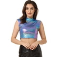 thumbnail image 1 of Top corto Allegra K metálico para Mujer camisetas Sin Mangas holográficas brillantes fiesta Color Plata Azul L, 1 of 6