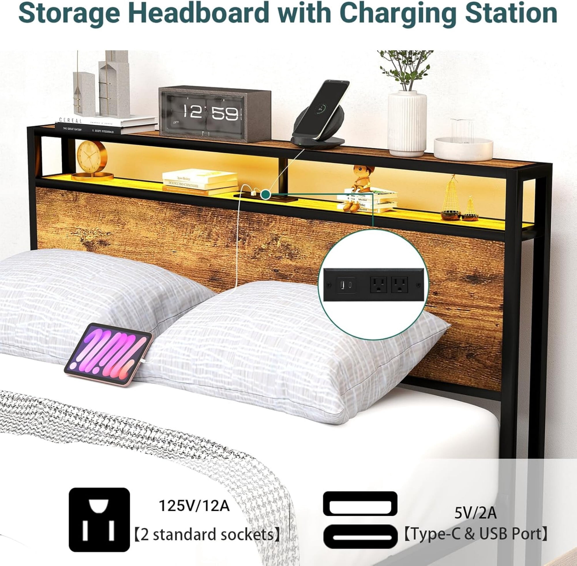 AENKYO Queen Size Bed Frame with 8 Storage Drawers, Headboard with Charging Station and LED Lights, Rustic Brown