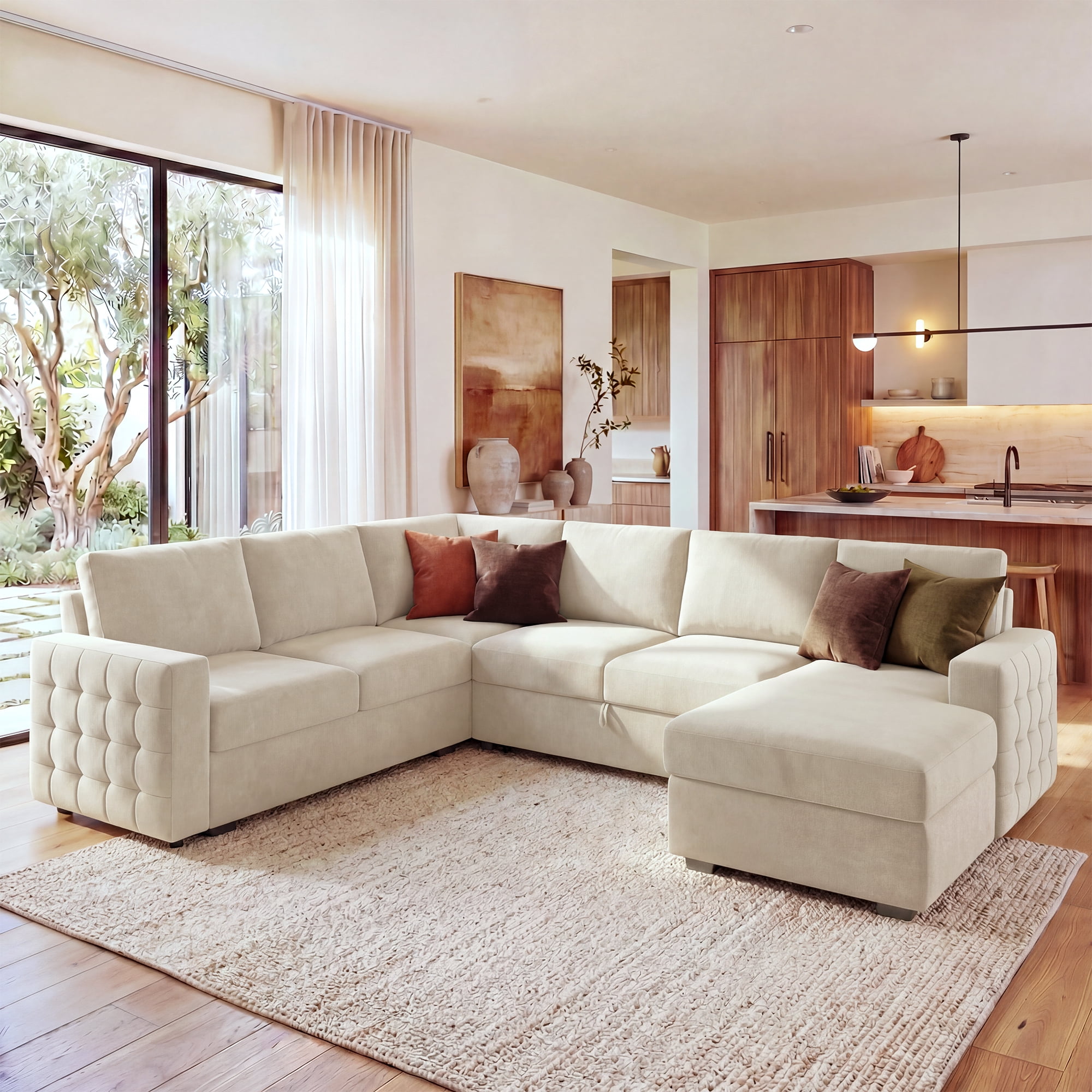 Marrber Velvet Sectional Sleeper Sofa Bed with Pull-Out Couch Bed with Storage for Living Room, Beige