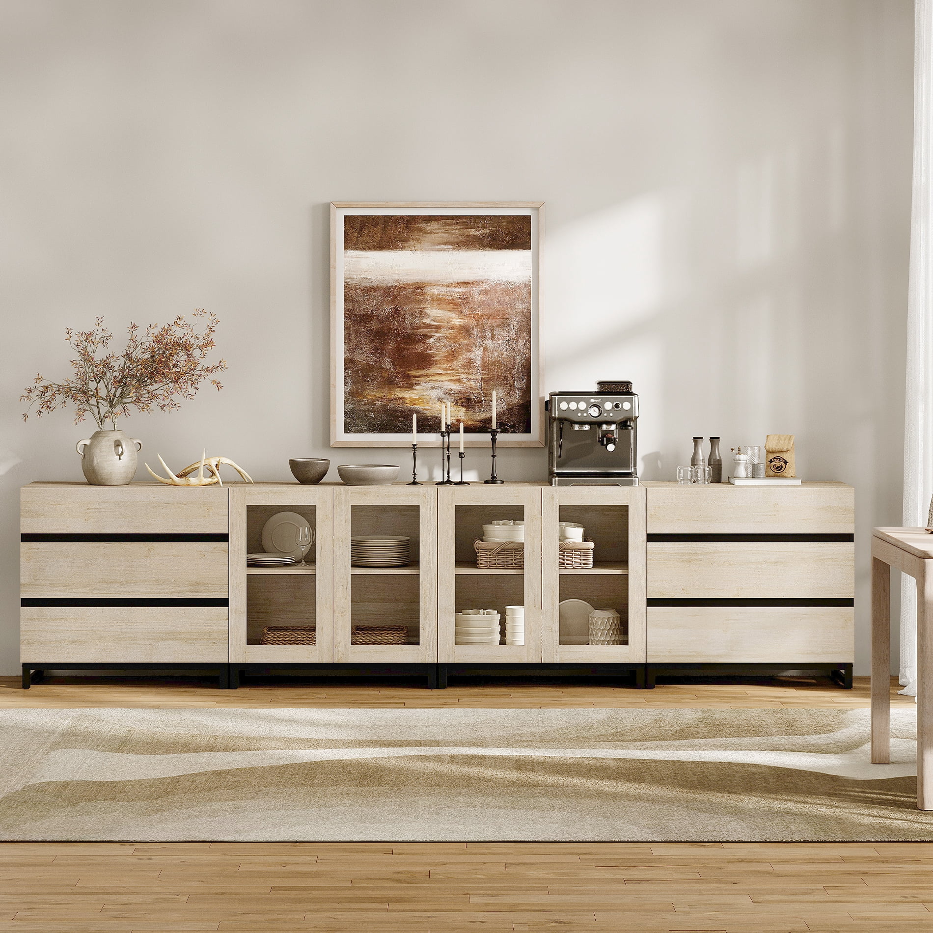 Modern 4-in-1 Sideboard Buffet Cabinet, Storage Credenza with 6 Drawers, Adjustable Shelf and Tempered Glass Doors, Metal Base Coffee Bar Cabinet for Home Decor,Beige