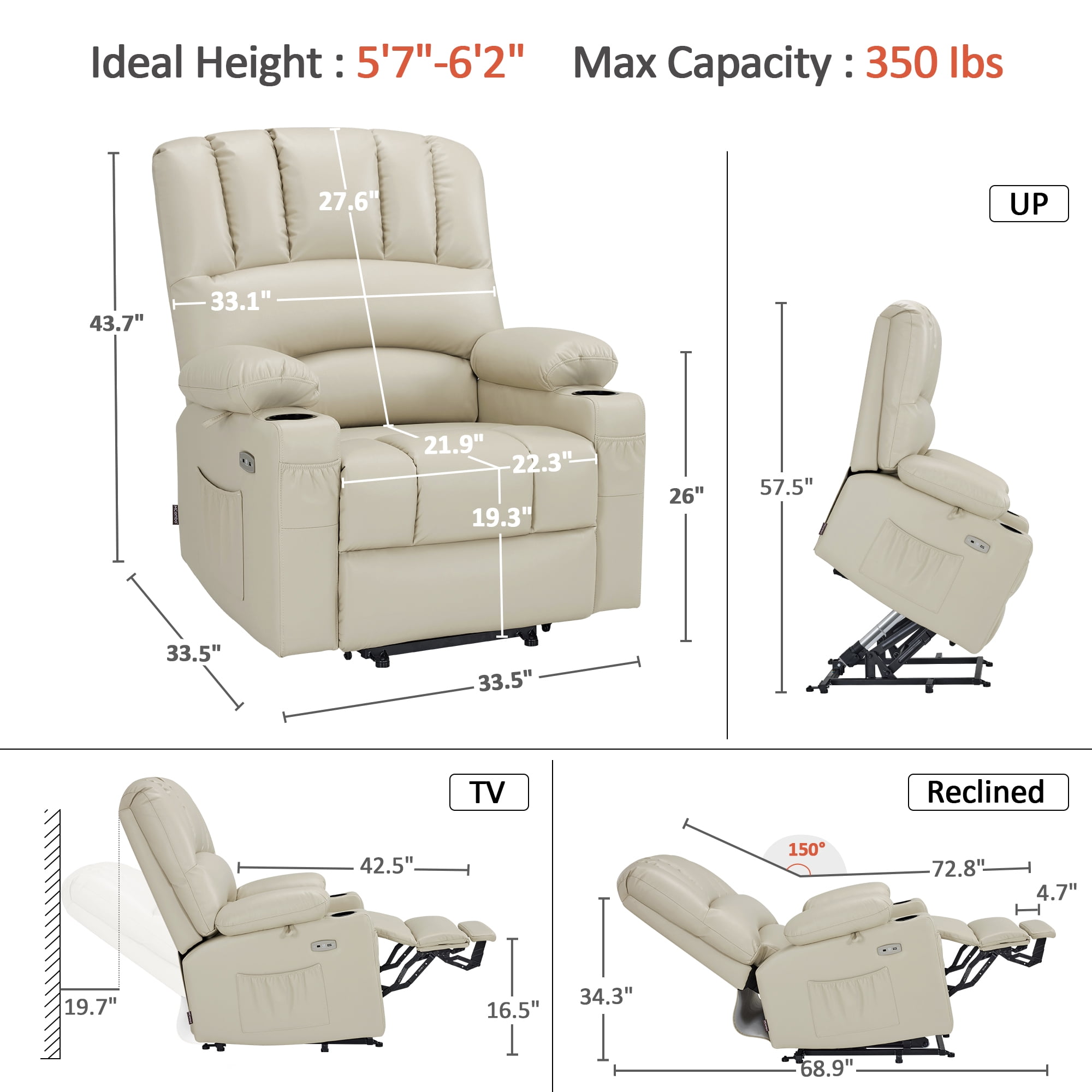 MCombo Power Lift Recliner Chair with Massage Heat, Extended Footrest, Faux Leather(Medium-Regular, Cream White)