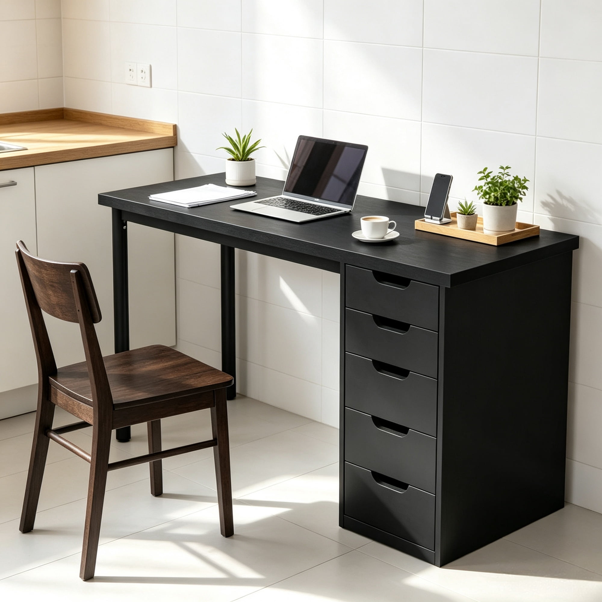 Modern Computer Desk, 47" Writing Desk with 5 Reversible Storage Drawers for Home Office
