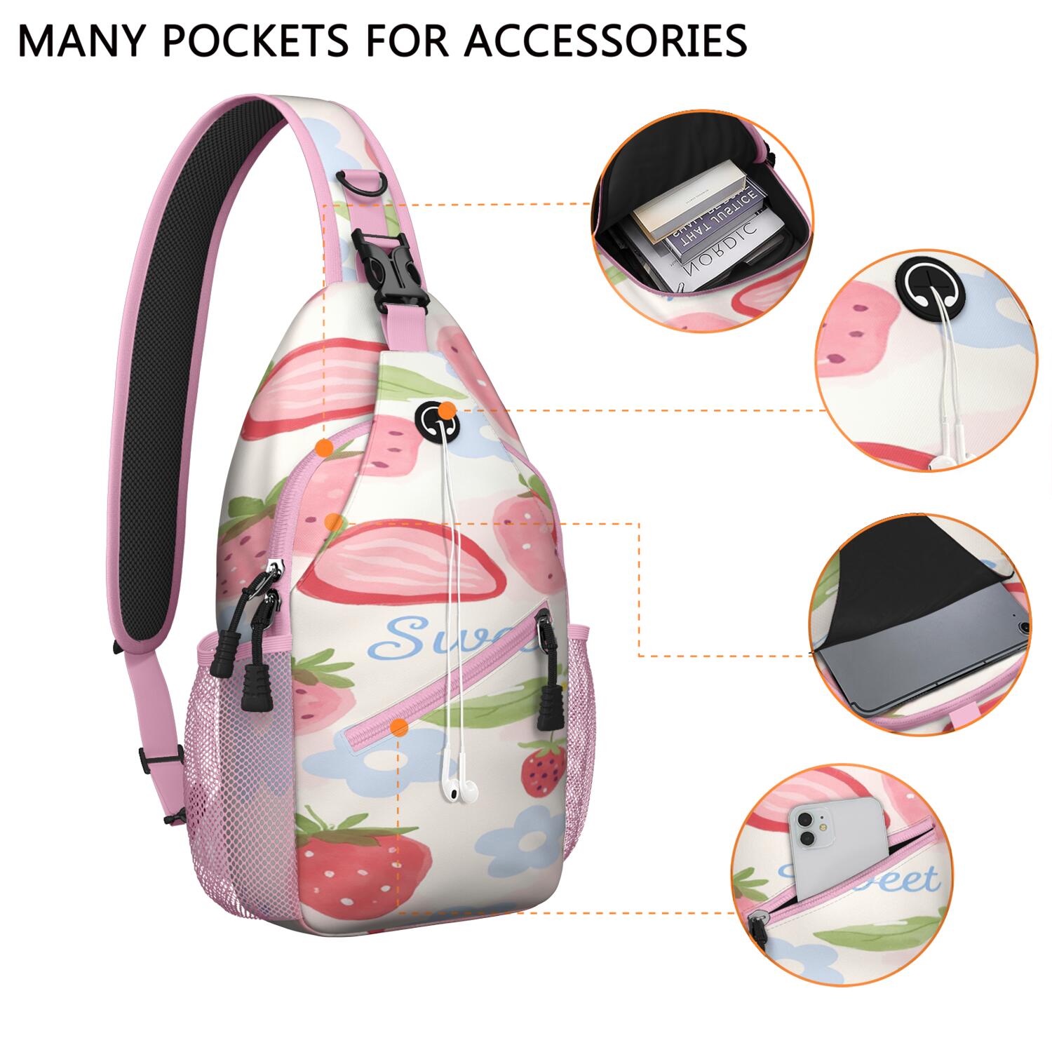 Chest Bag Crossbody Shoulder Bag Small BackpackHiking Sling Backpack for Hiking Dating Gym Cycling Working Strawberry Cute