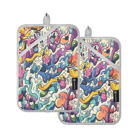Two Pieces Of Square Heat Insulation Pad Oven Mitts 7x9.8 Inch Oven Microwave Kitchen Cooking Baking Colorful Tentacles