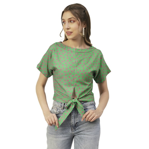 Moomaya Women Printed Crop Top, Front Knot Short Sleeves Round Neck Summer Top