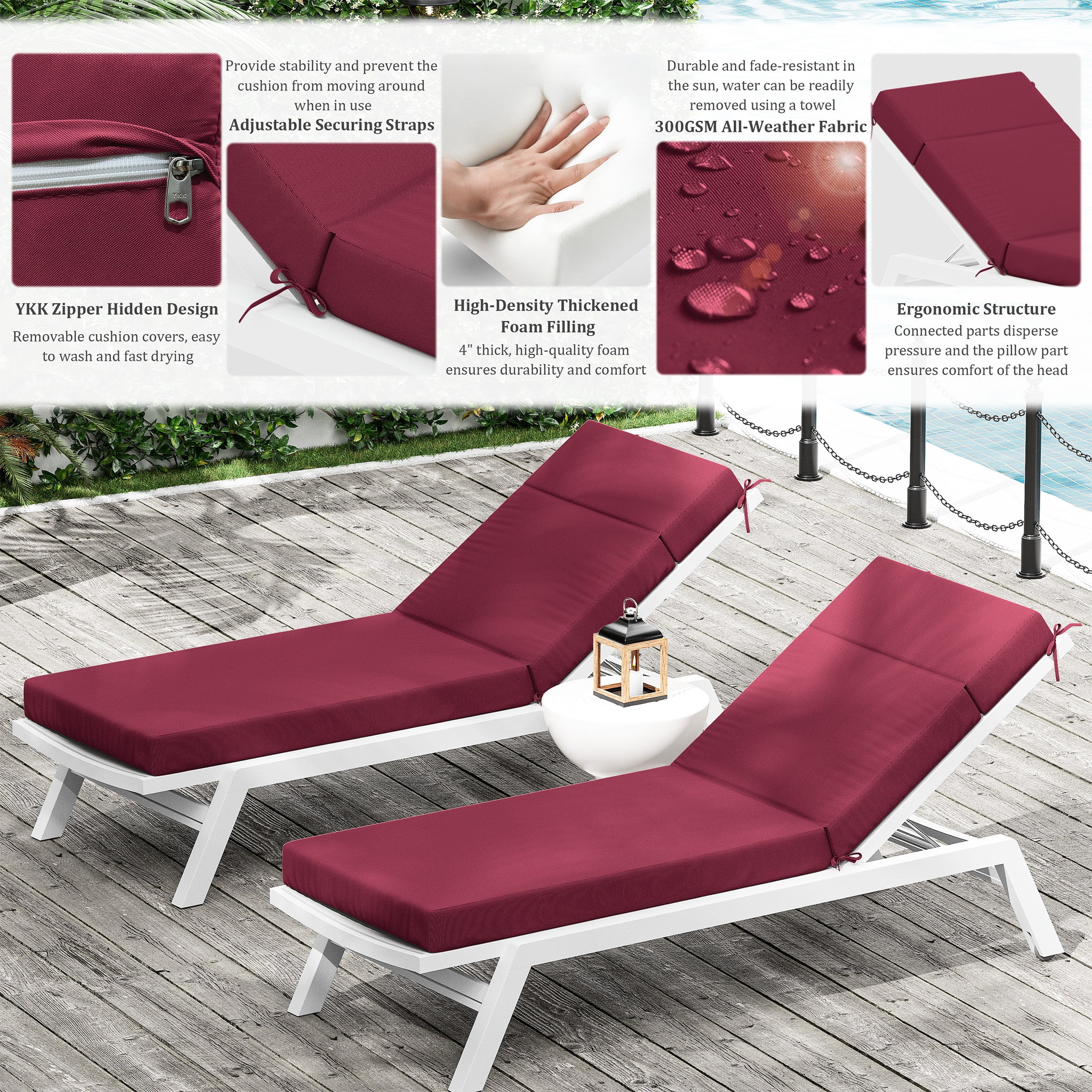 Pakunoda Chaise Lounge Cushions 80" x 26" x 4" Outdoor High-Density Foam Patio Furniture Lounger Replacement Cushions with Zipper Ties Water-Resistant for Pool, Burgundy