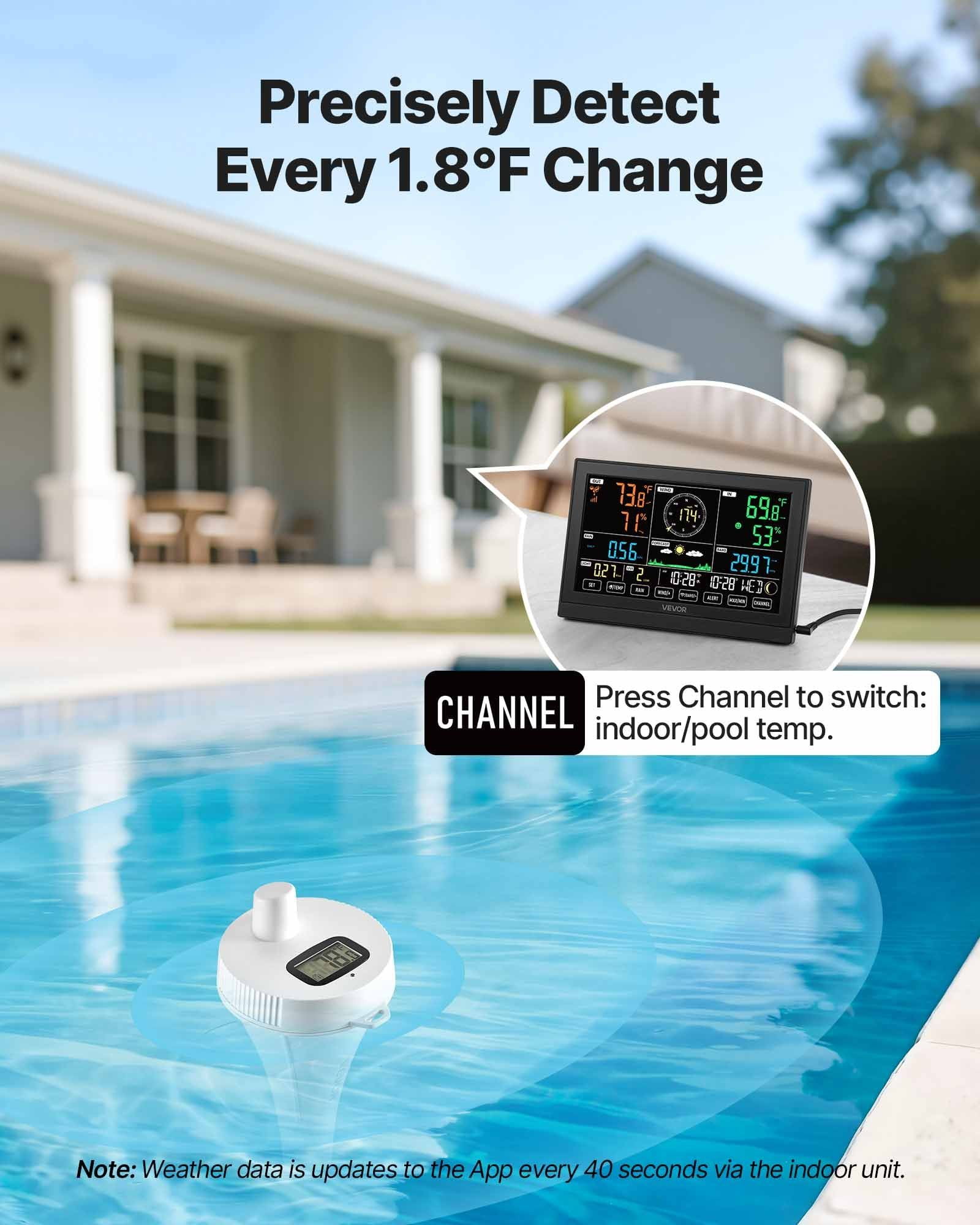 Solar 7-in-1 Wireless Weather Forecast Station, 7.5" Display, Pool Temp, Rain Gauge & Wind Speed