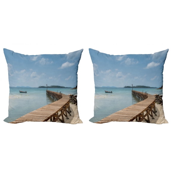 Ambesonne Nautical Throw Pillow Cover 2 Pack, Wooden Bridge to Sea, 16", Blue Brown