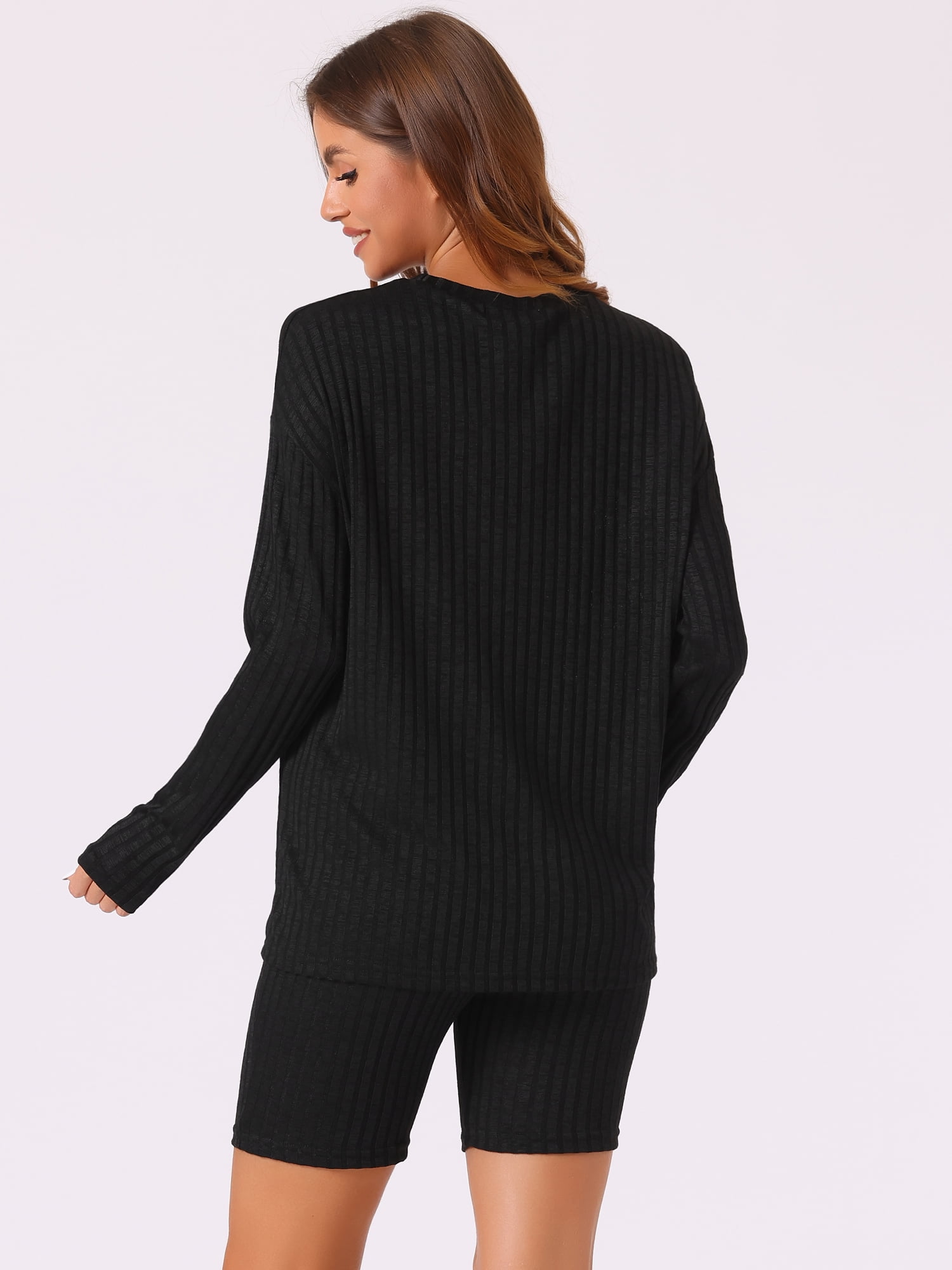 DARING DIVA Women's 2 Pcs Biker Shorts Lounge Sets Ribbed Knit Outfits Black 2XL