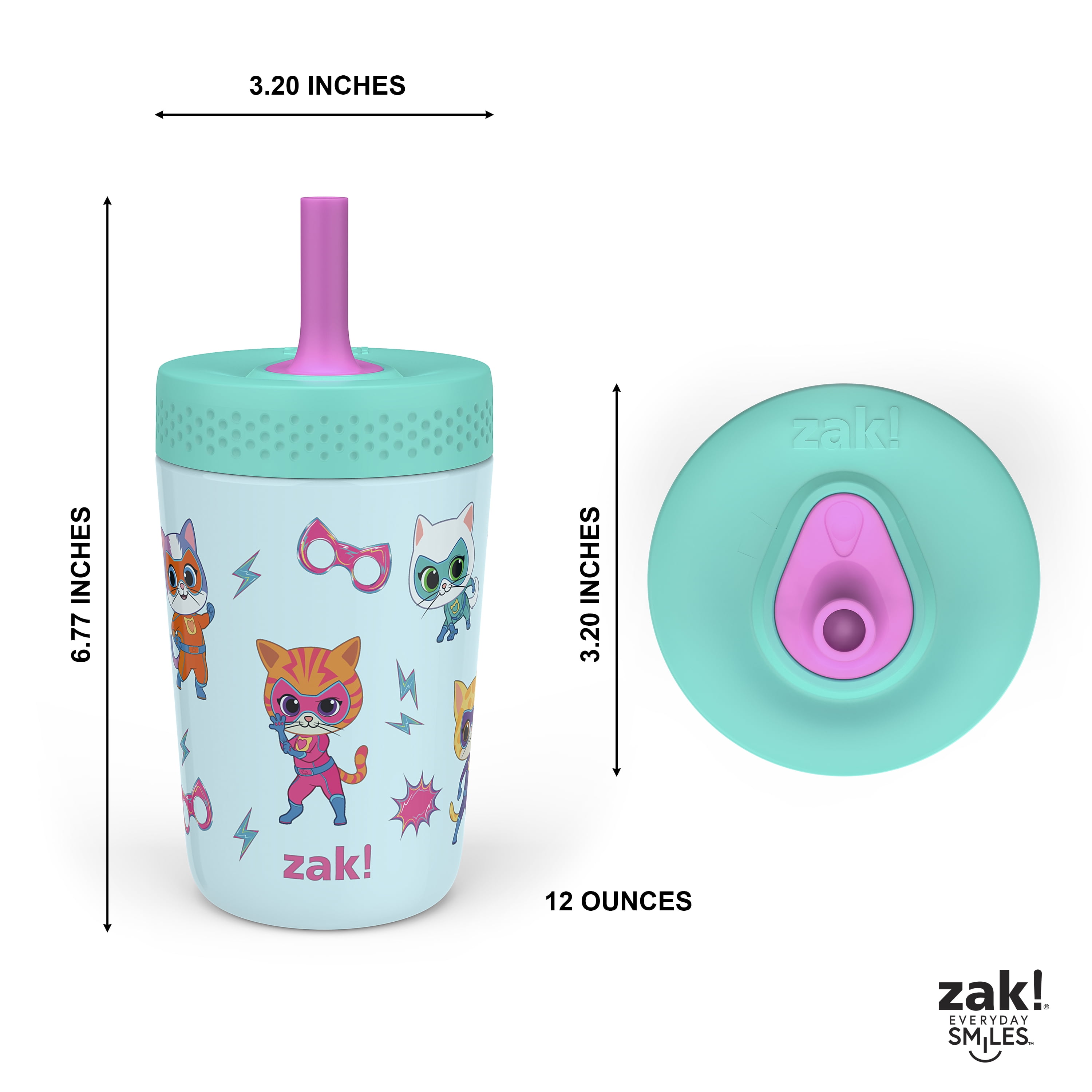 Zak Designs 12oz Super Kitties Kids Straw Tumbler, Stainless