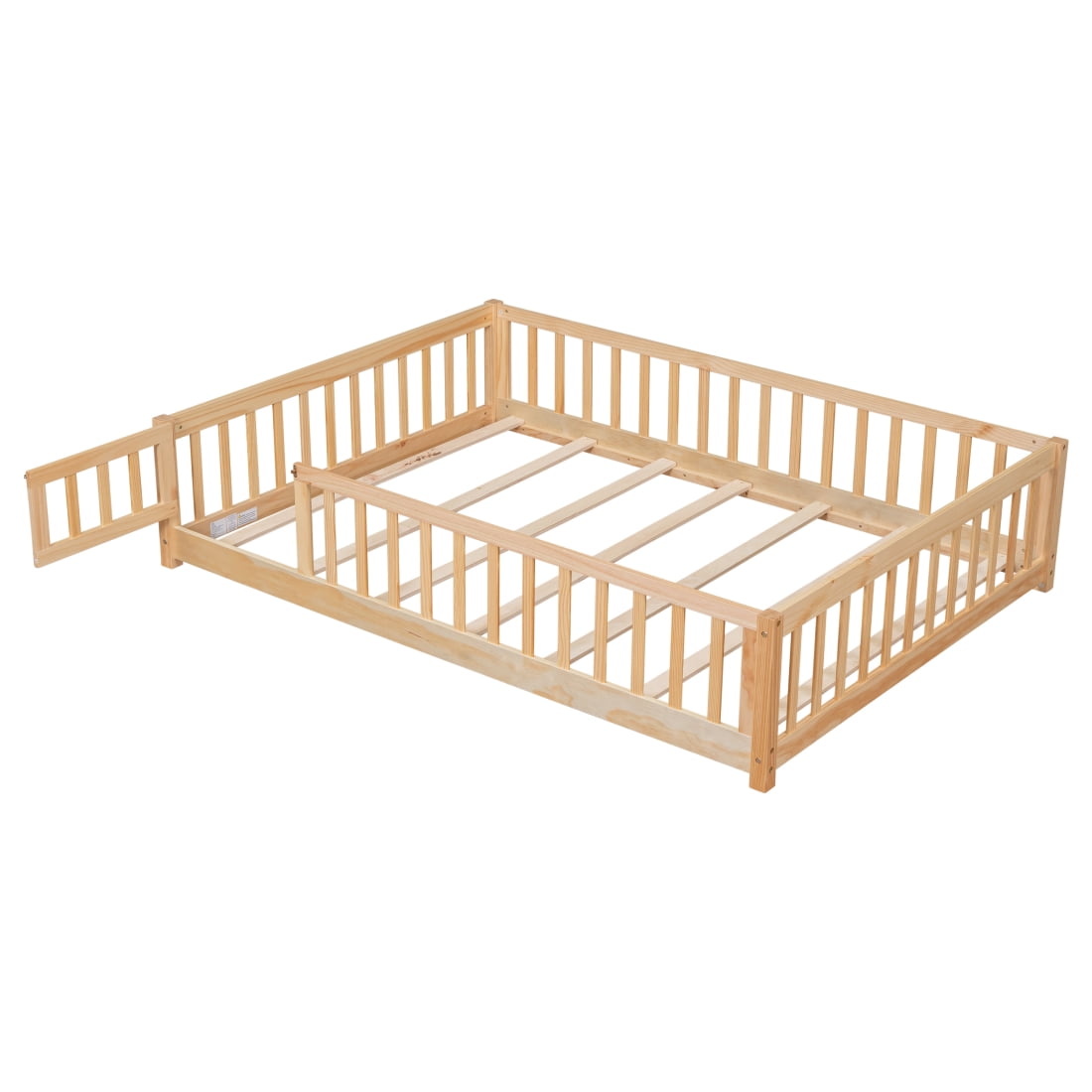 Full Size Floor Bed, Wood Platform Bed with Fence and Door, Montessori Bed Frame with Slats Support, Playhouse Bed with Door Design, Natural
