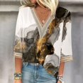 thumbnail image 1 of Fiudx Liquidación de Ahorros de Verano Blusas de Túnica Básica con Cuello En V y Costuras de Encaje Estampadas con Manga 3/4 para Mujer, 1 of 5