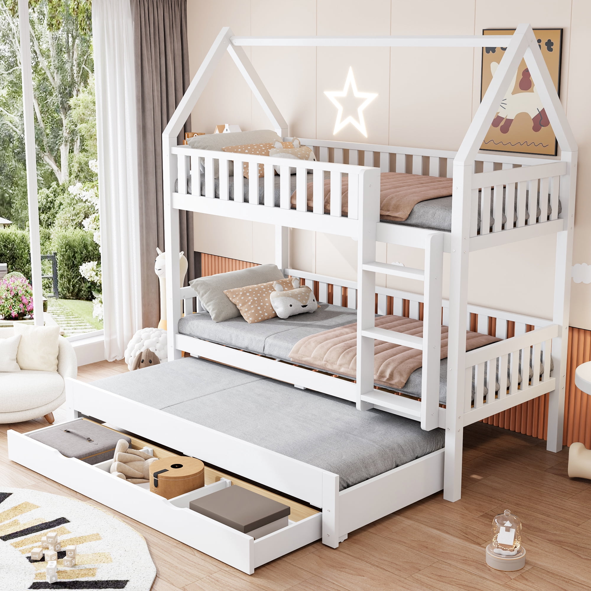 Mintazer Twin Over Twin House Bunk Bed with Trundle & 3 Drawers, Kids Bunk Bed Frame with Ladder, White
