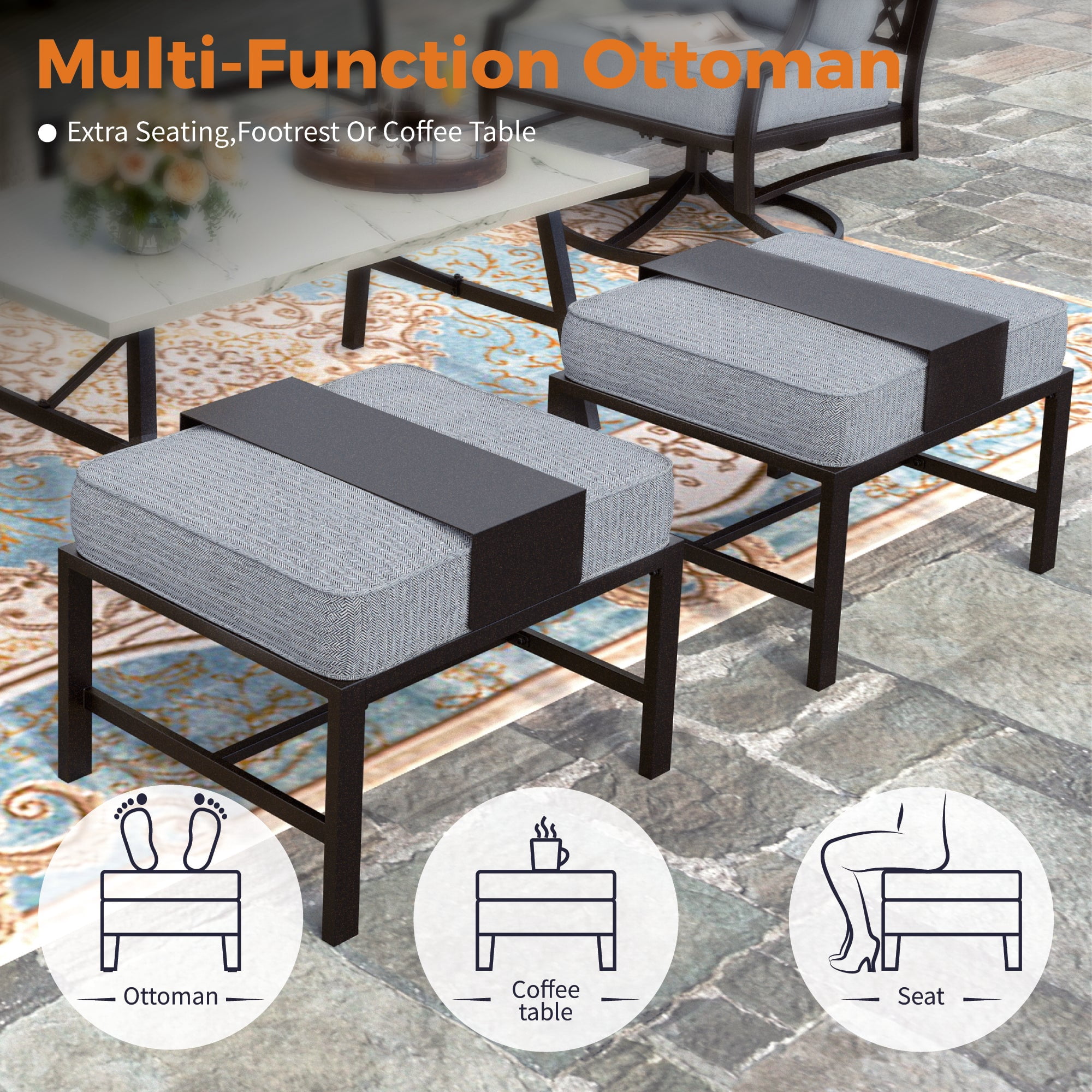 Sophia&William 5Pcs Patio Furniture Set Outdoor Metal Conversation Set with Ottomans & Rocking Chairs & 5.75" Thickened Cushions for Backyard, Deck, Gray