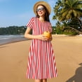thumbnail image 4 of Gukieu Red And White Stripes Print Women's Short Sleeve Dress, Elastic Waistband A-line with Pockets Summer Dress, Suitable for Daily Leisure, Work, Vacation, 4 of 6