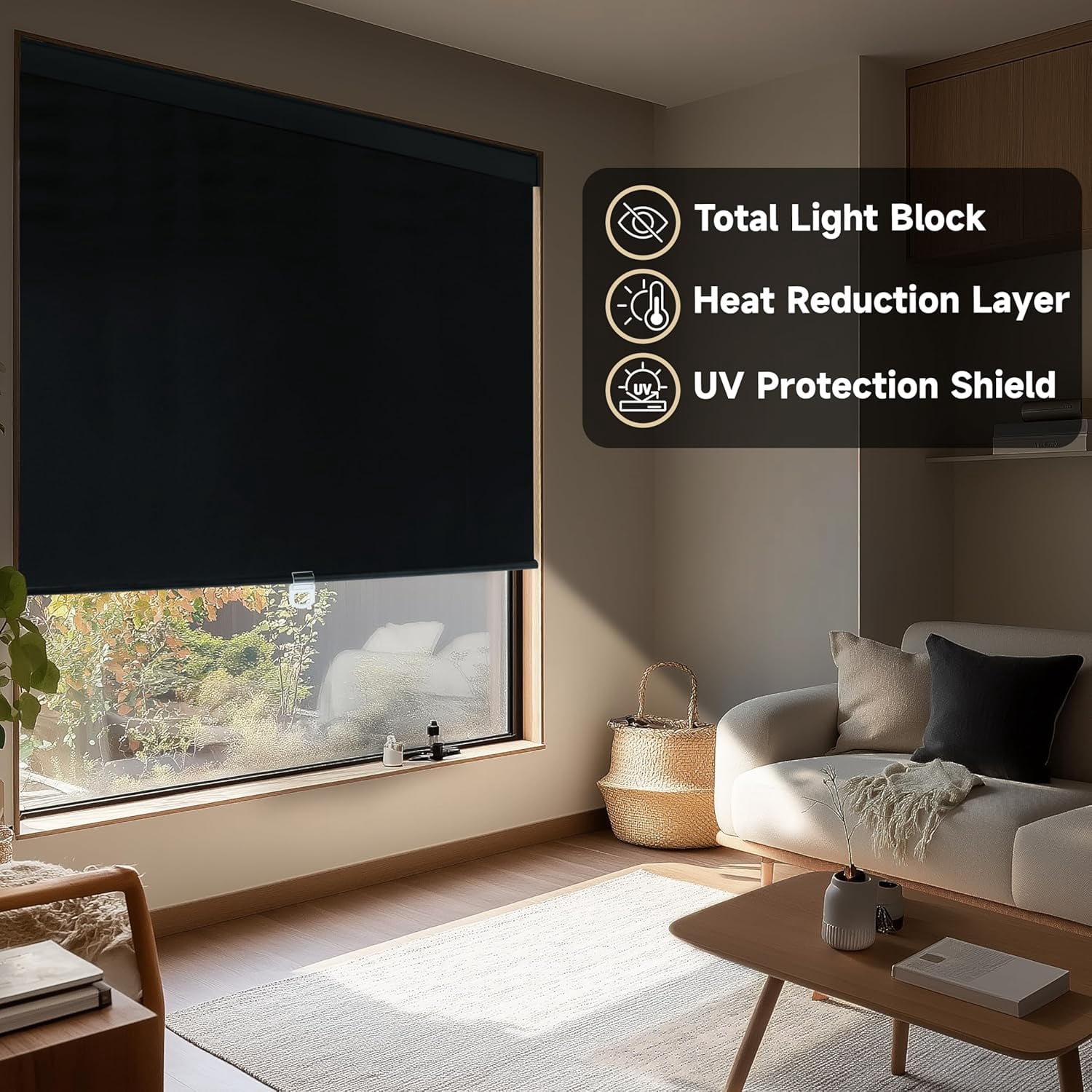 ColourTree Cordless Blackout Roller Shades Blinds for Windows, Room Darkening with Thermal Insulated Fabric, UV Protection+, Easy Pull-Down System, Fit for Home, Office (68" W x 72" H, Black)