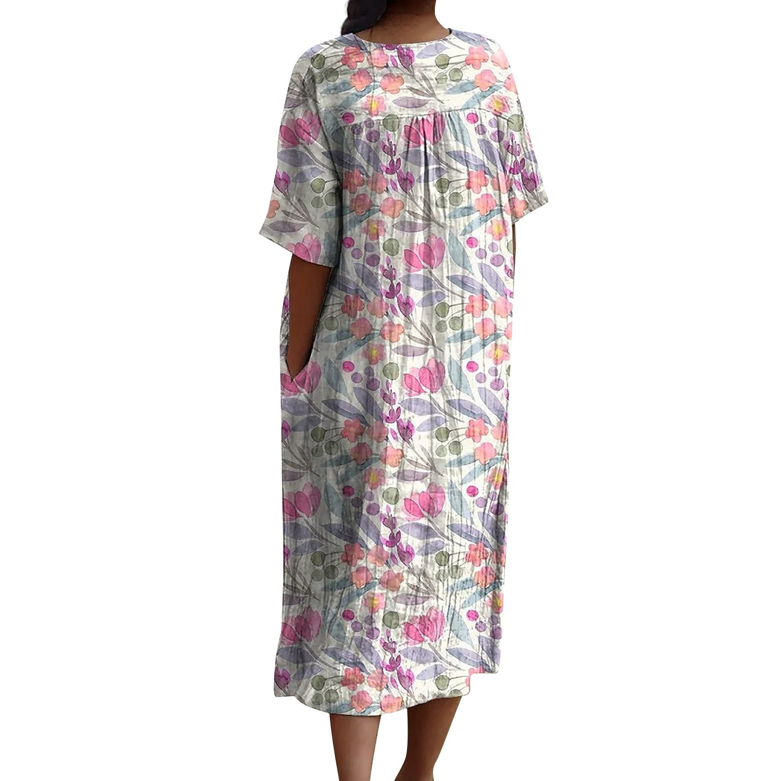 XVJRHAK Women's Vintage Floral Art Print Casual Flowing Dress With Pockets V Neck Dress (Pink,S)