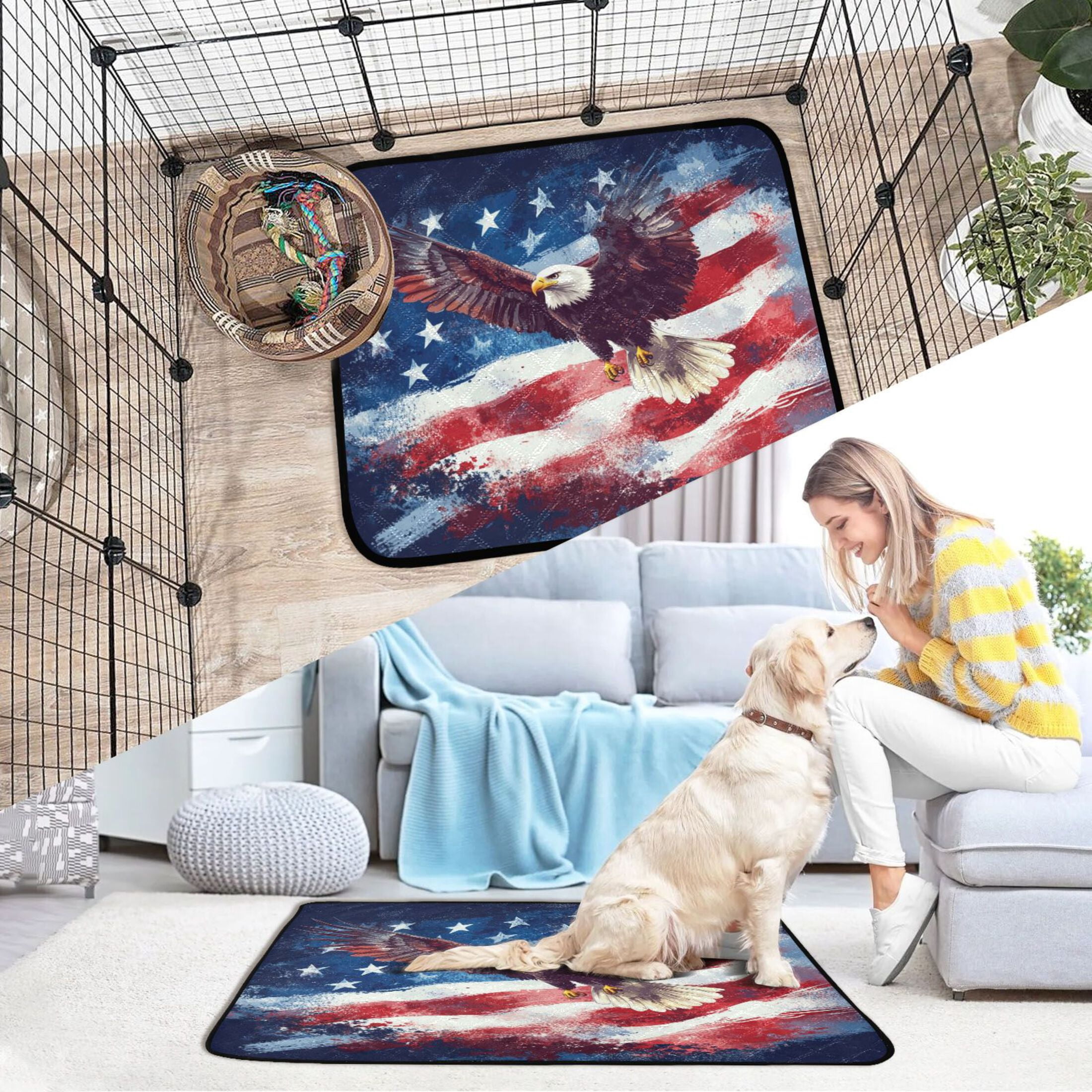 Qxltty American Flag with Eagle Cat litter Pads Pet Set of 2 Diaper Mats Center Anti-leakage Layer Absorbent Soft and Comfortable