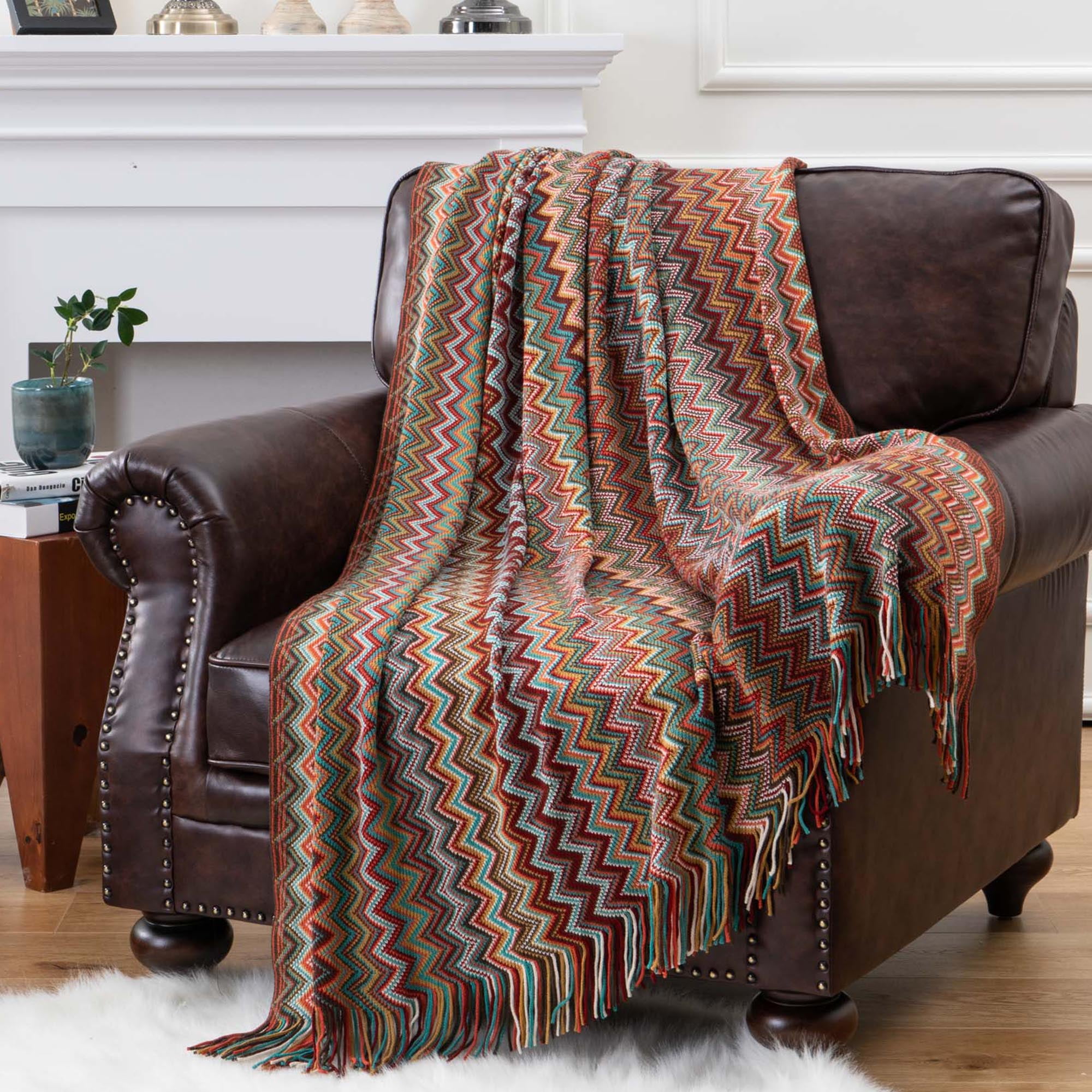 Battilo Bohemian Knit Throw Blanket with Fringe Extra Large Super Soft Striped Wavy Geometric Blanket for Couch Sofa Bed Chair 80 x 50 Dust Red