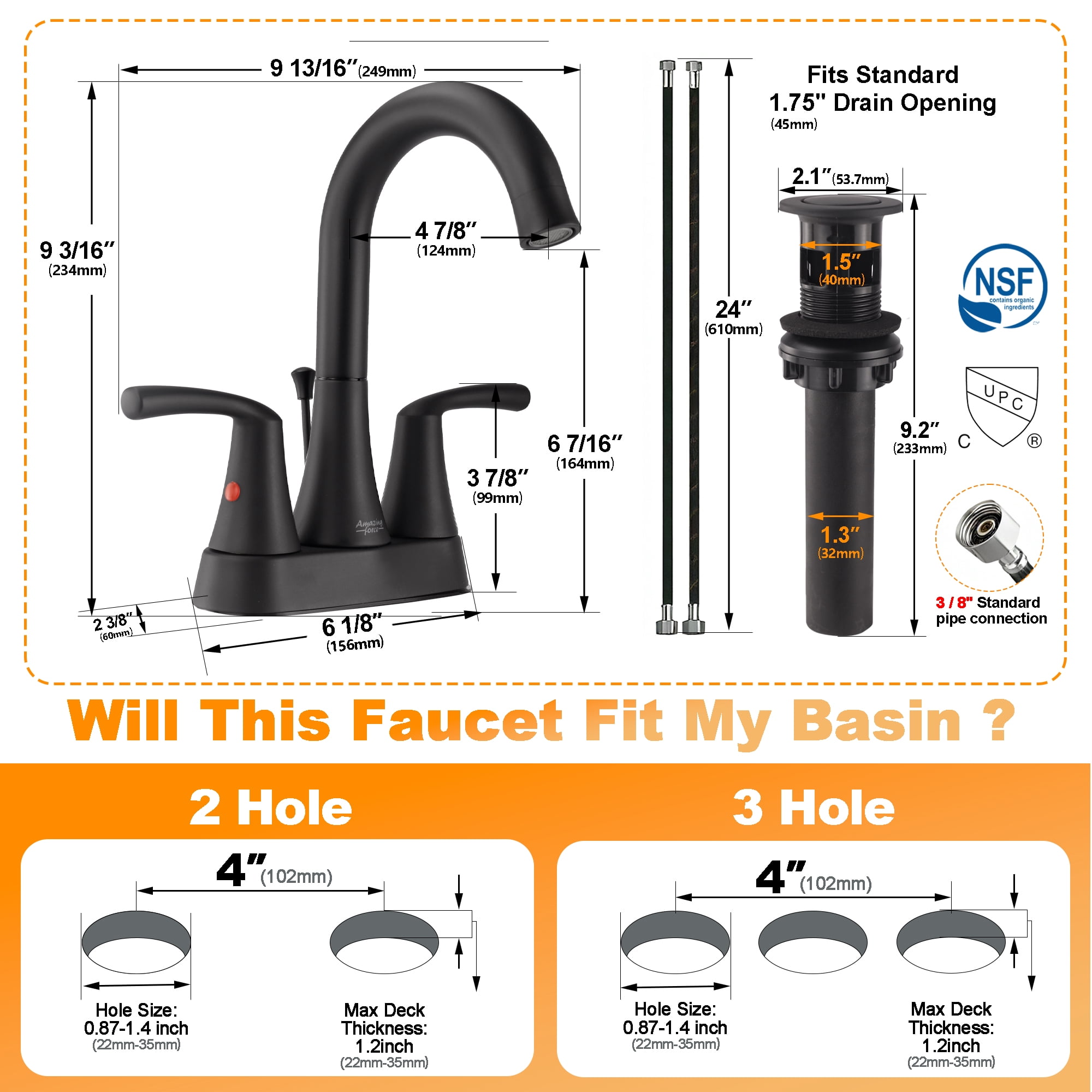 Sunrinx 4-Inch Bathroom Sink Faucet Matte Black 2 Handle Centerset High Arc Swivel Faucet