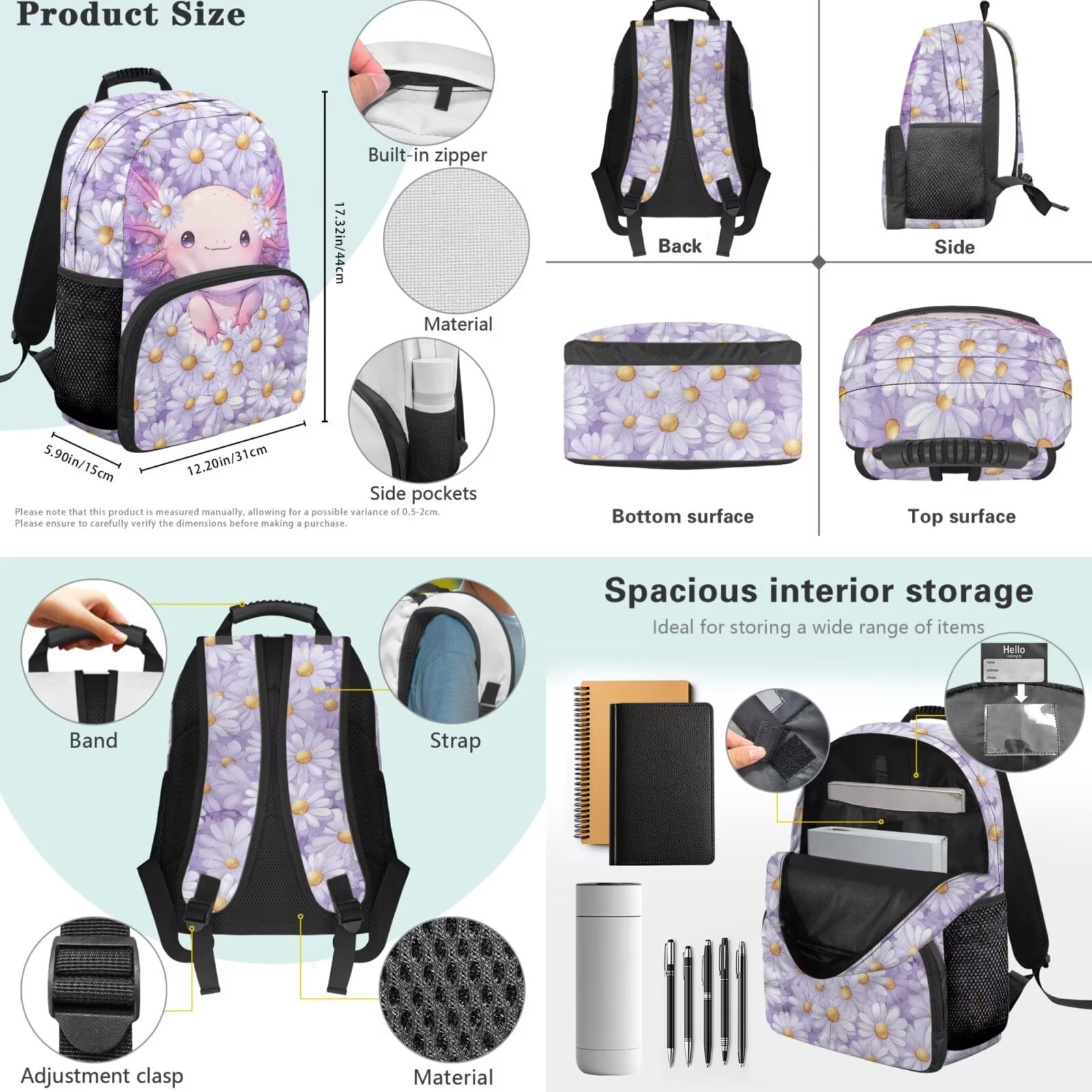 Pzuqiu Daisy Axolotl Girls Backpacks School Backpack with Lunch Bag Pencil Case Water Bottle Holder for 10-12 Kids 17 Inch Bookbag 4 Pcs School Bag Set Lightweight Laptop Backpack