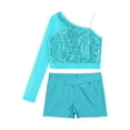 thumbnail image 3 of Doomiva Kids Girls Hip Hop Jazz Dance Outfits Sequins Mesh Long Sleeve One Shoulder Crop Top and Booty Shorts Set Light Blue 6, 3 of 6