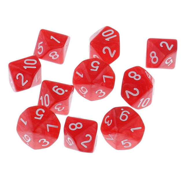 10 dados digitales de plástico de 10 caras (D10) para juegos de fiesta, color rojo.