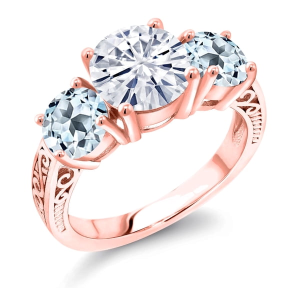 Gem Stone King 18K Rose Gold Plated Silver White Moissanite and Sky Blue Topaz Engagement Ring for Women | 3.90 Cttw | Round 8MM | Gemstone Birthstone | Size 5