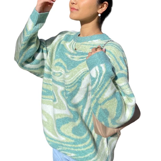 Verde M 2021 Otoño e Invierno Jersey de Manga Larga con Cuello Redondo para Mujer Moda Tie Dye Estampado Raya Abstracta Contraste de Tres Colores Suelto Suéter de Punto Simple Top Suéter de Punto de
