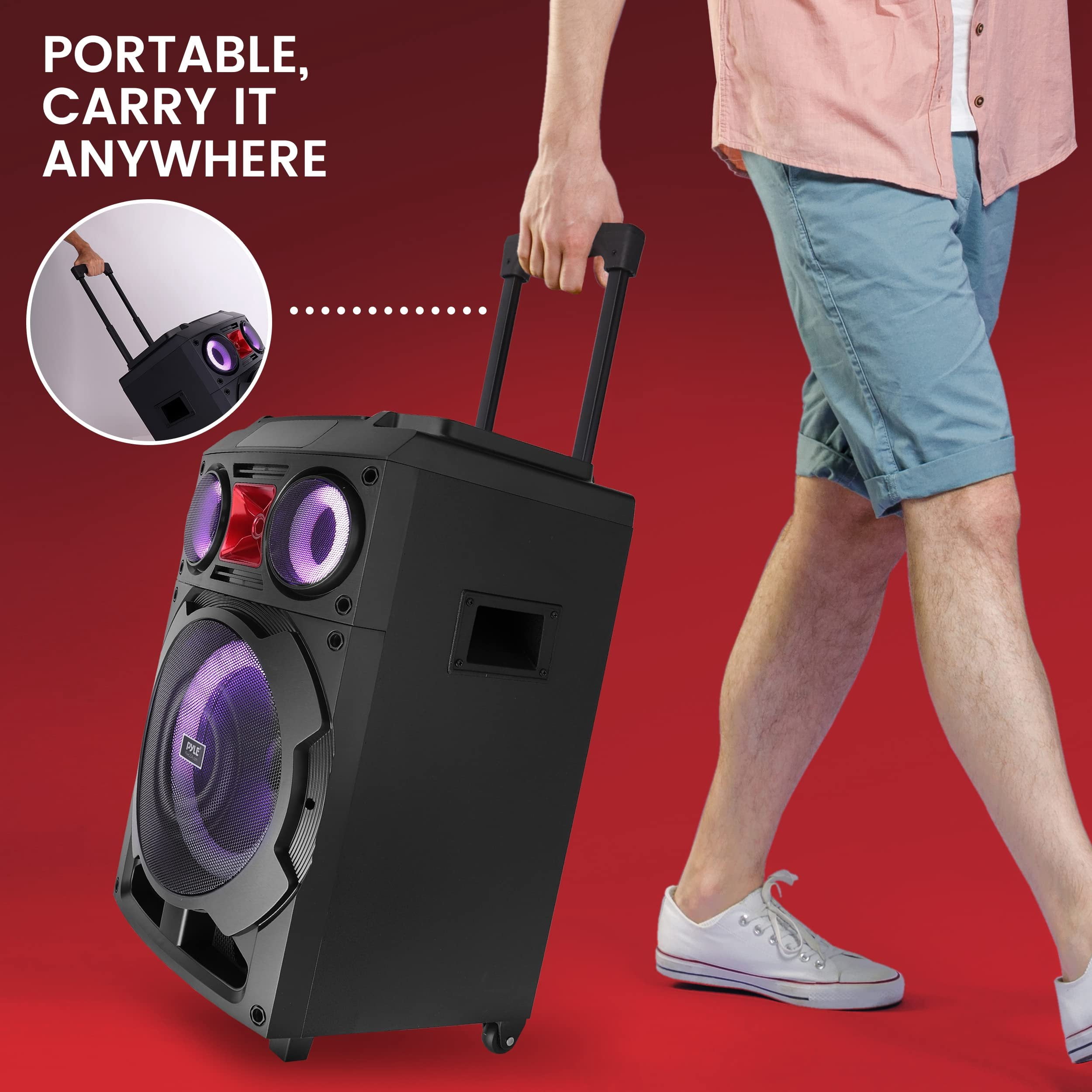 Pyle Portable Bluetooth PA Speaker System - 800W 10 Rechargeable Speaker, TWS, Party Light, LED Display, FM/AUX/MP3/USB/SD, Wheels - Wireless Mic, Remote Control, Tablet Holder Included - PHP210DJT